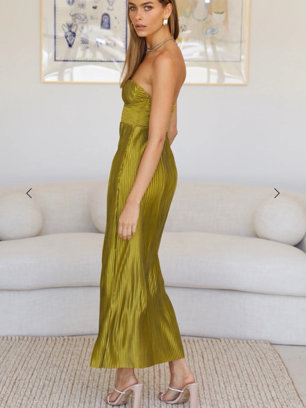 Hello Molly Olive Green Strapless Pleated Midi Dress - Picture 4 of 7